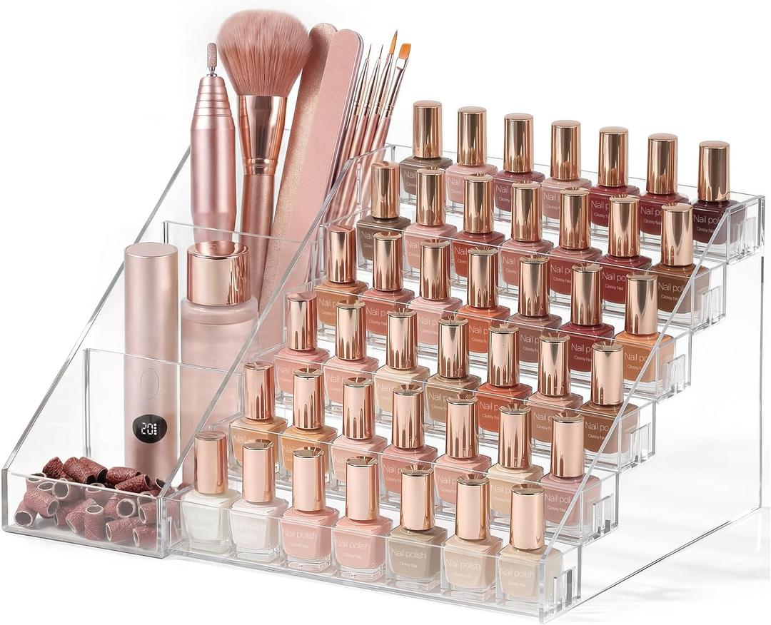 HBlife 6 Tier Nail Polish Organizer with Nail Supplies Organizer, Quick Assembly Clear Acrylic Nail Polish Holder Display Stand for Gel Polish (1 Pack)
