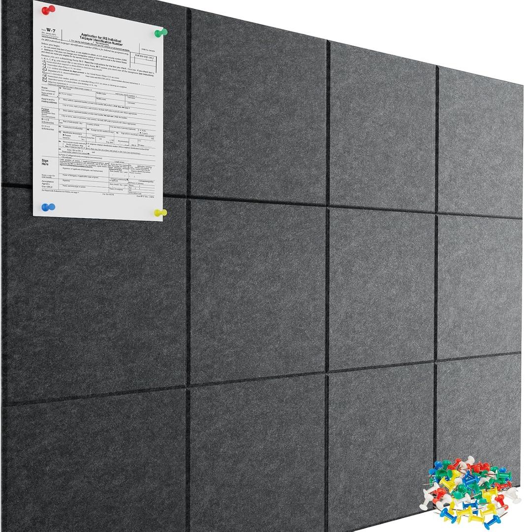 Large Cork Board for Wall 47"x 35", 12 Pack Grey Bulletin Board, Felt Wall Tiles with 72 Safe Removable Adhesive Tabs, 60 Push Pins, Cork Boards for Home Office Pin Board Tack Board