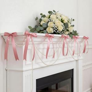Riceshoot 24 Pcs Mini Satin Bows & 27ft Pearl Garland Banner, Rose Gold