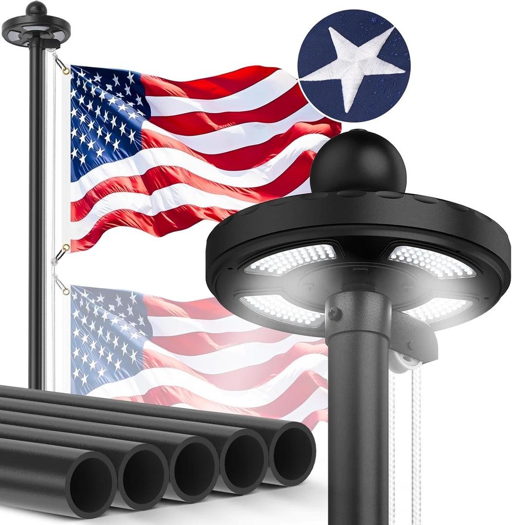 Heavy Duty Flag Pole Kit with Solar Light, 20FT 12 Gauge Hardware Flagpole for Outside House in Ground, 3x5 USA Flag for Residential Commercial Outdoor, Extra Thick Flag Poles, Black