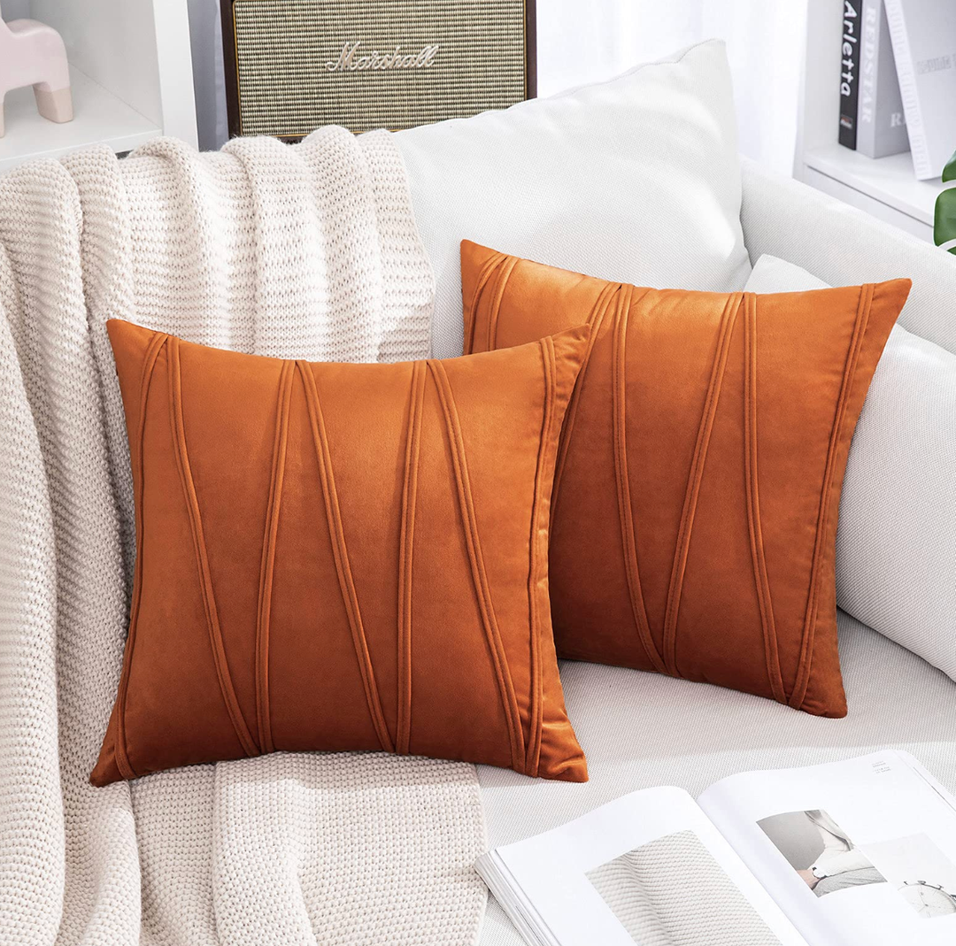 Woaboy Pack of 2 Striped Velvet Throw Pillow Covers Modern Decorative Couch Throws Square Soft Cozy Pillowcases for Winter Christmas Bed Sofa Cushion Living Room 18x18 Inch Orange