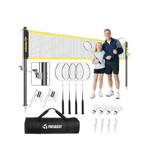 Professional Badminton Set with Carbon Fiber Badminton Rackets Set of 4, Outdoor Portable Badminton Net with Anti-Sag Winch System, 4 Nylon Badminton Shuttlecocks and Bag, 20FT Net