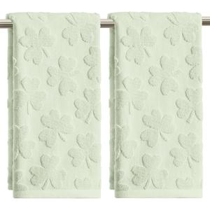 Artoid Mode 2 Pcs Light Green 3D Shamrock Jacquard Patrick Hand Towels for Bathroom, 100% Cotton Soft Absorbent Bathroom Decor Towels, 13.7 x 29.5 Inch