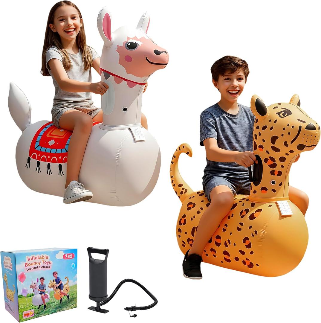 Inflatable Bouncy Leopard & Alpaca Toys 2PCS,Heavy Duty Giant Inflatable Bouncy Toys For Age 5+ with Air Pump ,Indoor Outdoor Ride On Bouncy Animal Hopper Toy,220lbs Load Capacity Gifts For Boys Girls