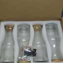 Glass Carafe Pitchers with Lids, Set of 4 1 Liter Embossed Designed Beverage Pitcher Carafe Set for Mimosa Bar, Juice Container for Brunch, Cold Water, Juice -With 4 Wooden Chalkboard Tags