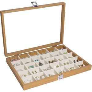 Stratalife Jewelry Organizer Wooden Bracelet Jewelry Box 30 Grid Jewelry Tray with Lid Earring Holder Organizer Necklace Bracelet Bangle Ring Organizer for Women Vintage Jewelry Box