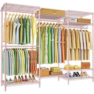 Ulif E13 Heavy Duty Clothes RackWith 4 Hanger Rods & 8 Shelves Freestanding Clothing Racks for Hanging ClothesAdjustable Closet OrganizerMetal Garment Rack 63" W x16 D x77 HMax Load 900LBSPink