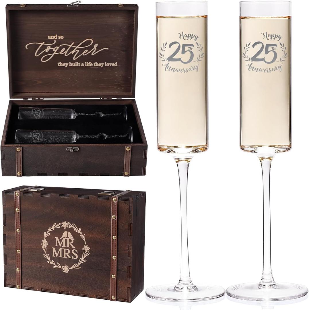 Physkoa Happy 25th Anniversary Champagne Flutes Set Personalized Silver Wedding Anniversary Toasting Glasses 2 Hand-Blown Crystal Flutes with Keepsake Box Anniversary Present for Couple