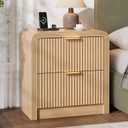 Decofy 23'' Wide Fluted Nightstand with 2 Large Drawers & Charging Station | Beside Table with Drawers & Open Shelf, Mordern Large Night Stand with Curved Corners, Wood End Table for Bedroom