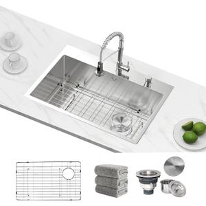 Kitchen Sink 27 x 22 inch Drop-In Top Mount 16 Gauge Tight Radius Single Bowl 2-Hole Stainless Steel Kitchen Sink and Accessories (Pack of 4)