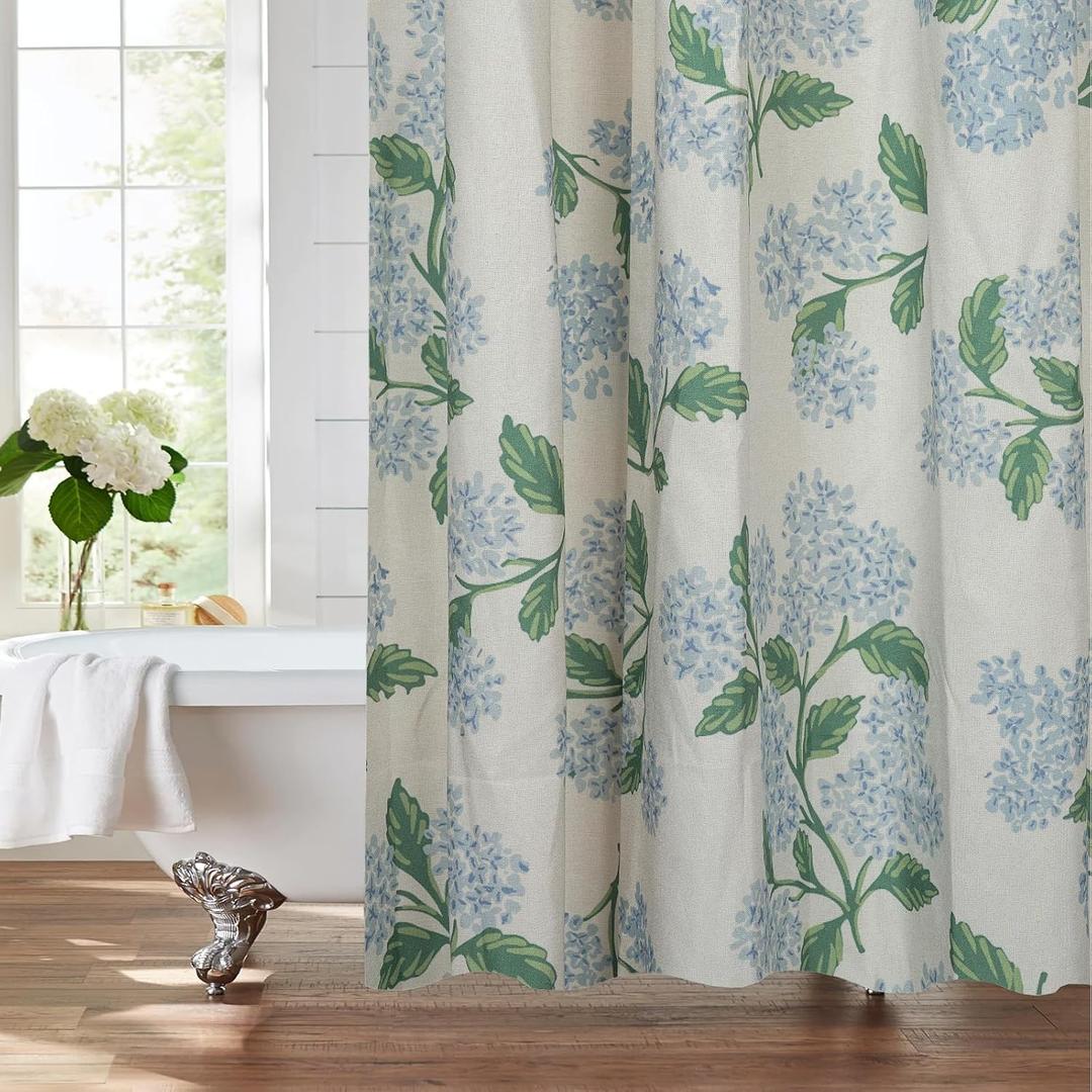 MUGINYU Linen Shower Curtain 72x72 - Blue Green Hydrangea Vintage Floral Pattern, Farmhouse Boho Bathroom Decor for Summer Seasonal Style