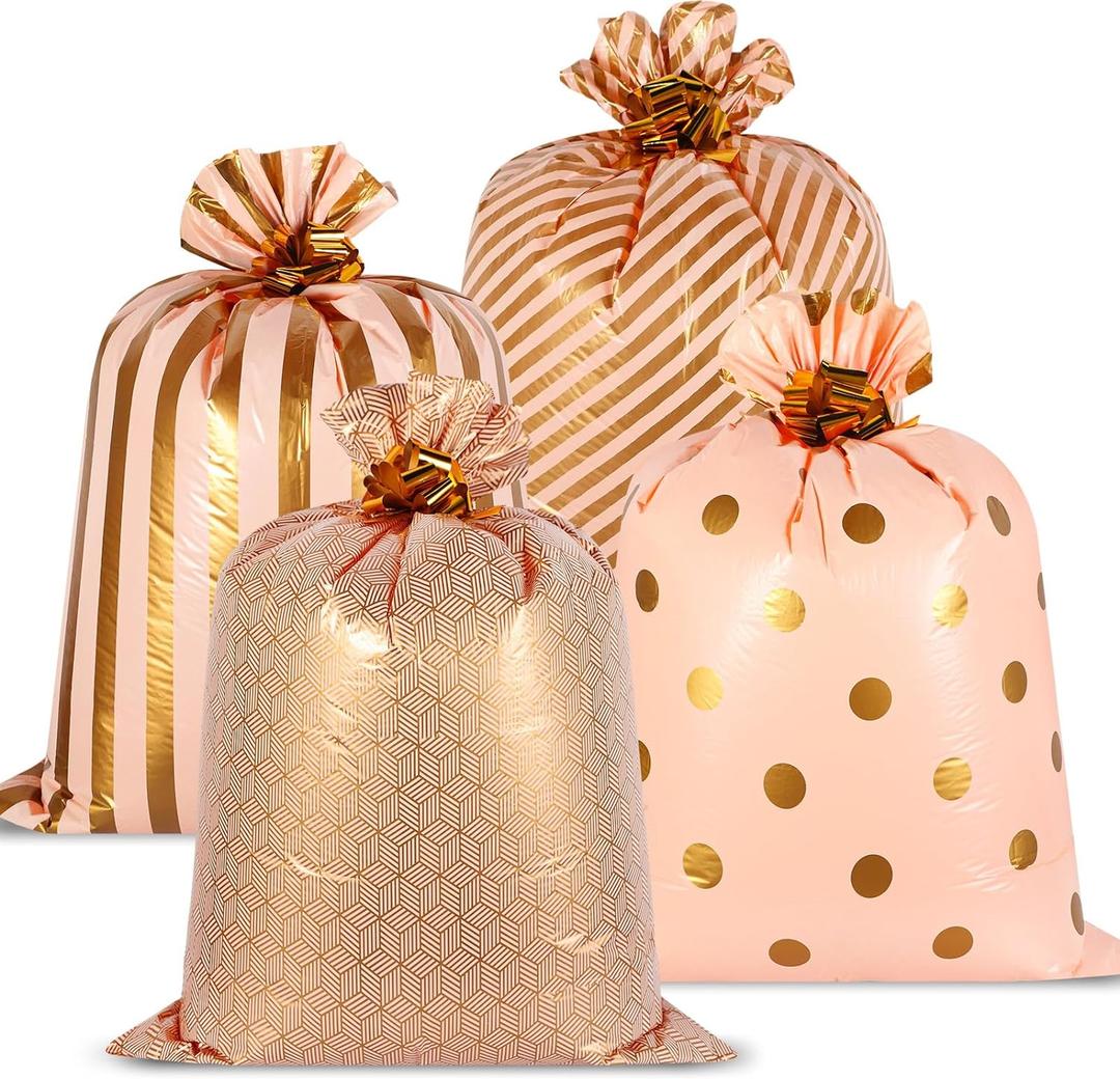 Fulmoon 4 Pcs 48 Inch Jumbo Gift Bag Golden Extra Large Bags with Pull Flowers, Plastic Giant Gift Oversized Wrapping for Valentine's Day Birthday Wedding Baby Shower(Pink Gold)