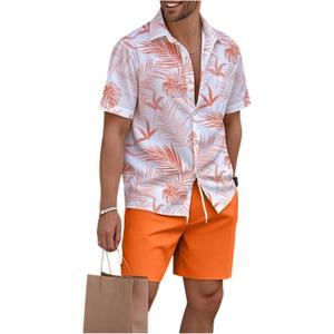WDIRARA Men's Hawaiian Matching Set Summer Beach 2 Piece Outfits Tropical print Shirts and Shorts (XX-Large, Orange)