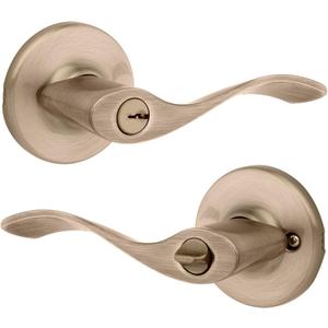 Kwikset Balboa Entry Door Handle with Lock and Key, Secure Keyed Reversible Lever Exterior, for Front Entrance and Bedrooms, Antique Brass, Pick Resistant Smartkey Rekey Security and Microban