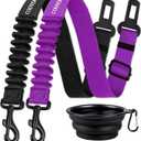 COOYOO Dog Seat Belt,3 Piece Set Retractable Dog Car Harness Adjustable for Vehicle Nylon Pet Safety Heavy Duty & Elastic (Set 04-Black+Purple)