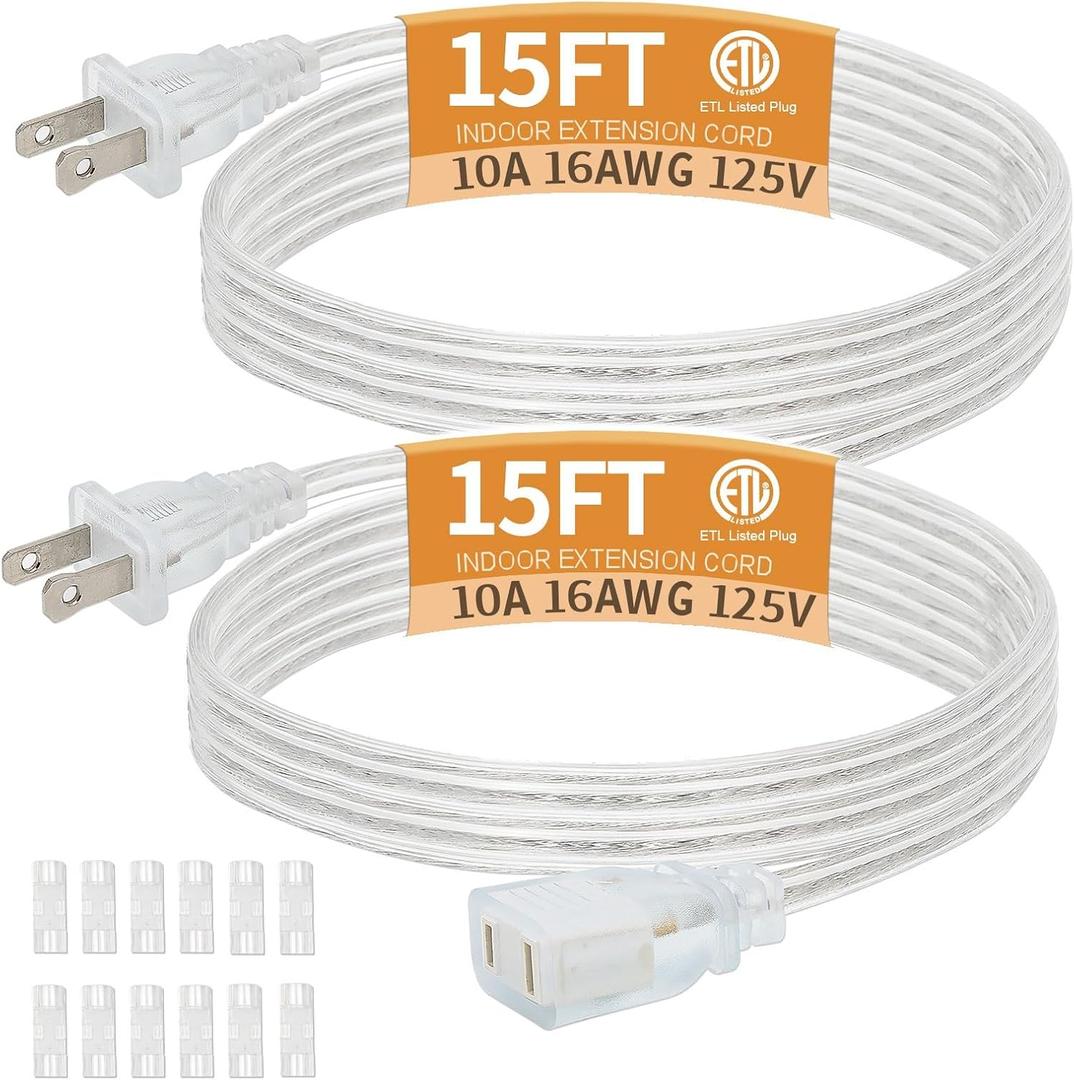 15 Ft Clear Extension Cord Indoor Thin, 2 Prong Extension Cord with UL Certified, Extension Cords for Light Fixtures Male to Female, 2 x 16AWG 10A/125V 2 Pack