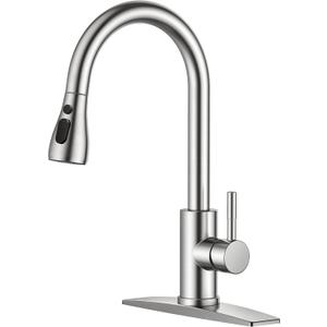 FORIOUS Kitchen Faucets with Pull Down Sprayer, Brushed Nickel, High Arc Single Handle Classic Stainless Steel Sink Faucet 1 or 3 Hole, Suitable for Farmhouse Camper Laundry Rv Bar