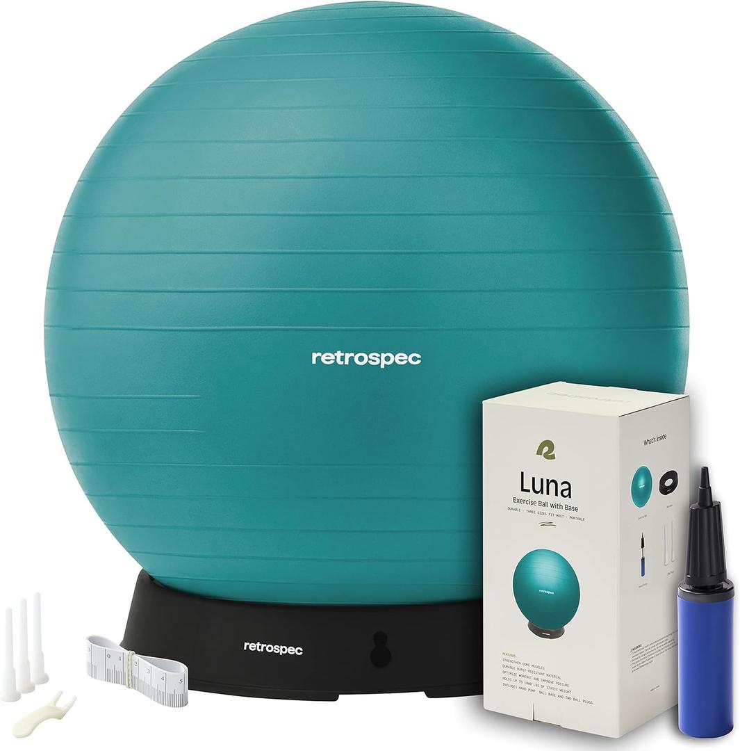 Retrospec Luna Exercise Ball, Base & Pump/Ball & Pump with Anti-Burst Material - Fitness Gym Swiss Ball - Perfect for Balance, Stability, Yoga, Pilates, Pregnancy & Birthing (75cm, Turquoise)