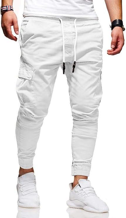 Men's Casual Pants - Cotton Chino Cargo Pants for Hiking and Outdoor Recreation, Drawstring Sweatpants in Twill Track Jogging Size 30 (White)