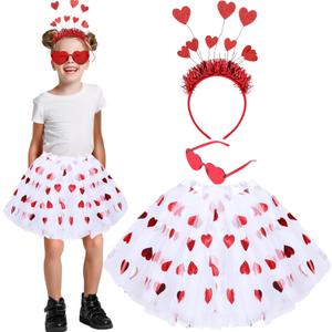 Mumufy Valentine's Day Costume Set Heart Printed Tulle Tutu Skirt Heart Headband with Sunglasses for Girls 2-8 Years