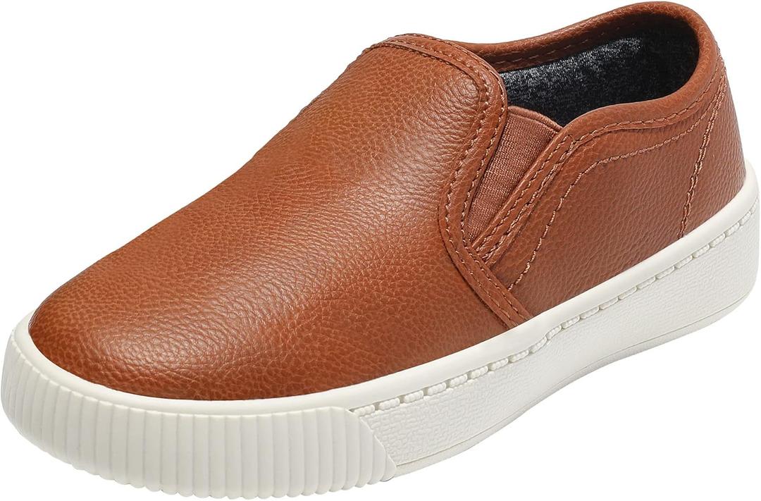 HOMEHOT Boys Slip on Sneakers Casual Dress Shoes Faux Leather Loafers (Toddler,Big Kids, Little Kids) (Brown), Size 9