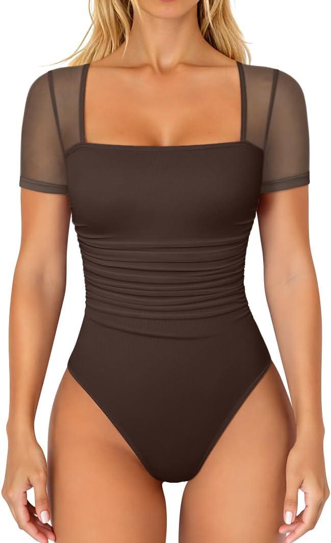 OQQ Women Short Sleeve Bodysuit Square Neck Tummy Control Shapewear Mesh Ruched One Piece Leotard Shirts Going Out Tops (Small, Darkbrown)