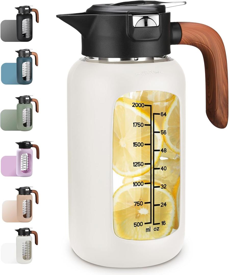 84 oz Glass Pitcher with Lid and Handle- Borosilicate Glass Water Jug/Carafe for Hot & Cold Beverages, 2.5L Large Pitcher with Silicone Sleeve & Wide Mouth, Fridge Safe for Iced Tea, Coffee, Juice (White)
