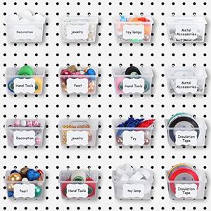 Unittype 16 Set Clear Peg Board Baskets and Bins Pegboard Baskets Organizer Accessories Peg Board Bins with Hooks Sticker Label and Pen for Office Wall Teacher Craft Supplies Garage Tool Storage