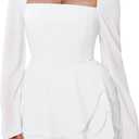 GOBLES Women's Sexy Long Flare Sleeve Square Neck Chiffon Tiered Mini Cocktail Party Dress (White)