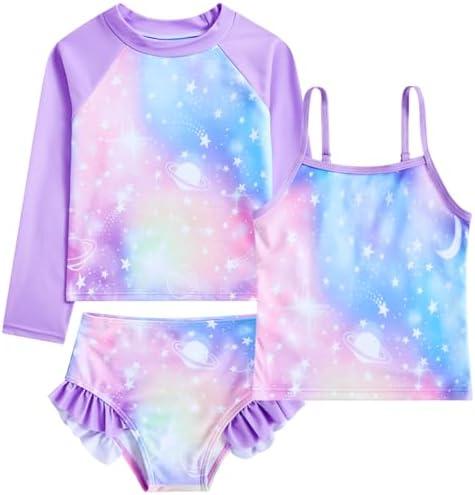 Funnycokid Girls Swimsuit 3 Pieces Long Sleeve Rash Guard Set Tankini Bathing Suits Summer Kids Swimwear 3-10 Years 8T