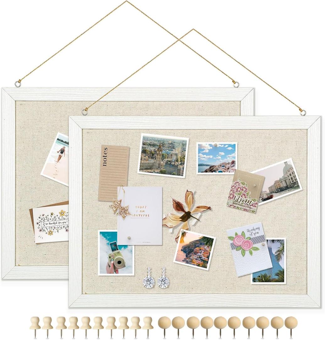 DOLLAR BOSS Bulletin Boards with Linen 2-Pack 16''X 12'' Cork Board for Walls Wood Framed Bulletin Boards, Small Pin Board for Home Kitchen Office Decorative Hanging 20 Pushpins (White)