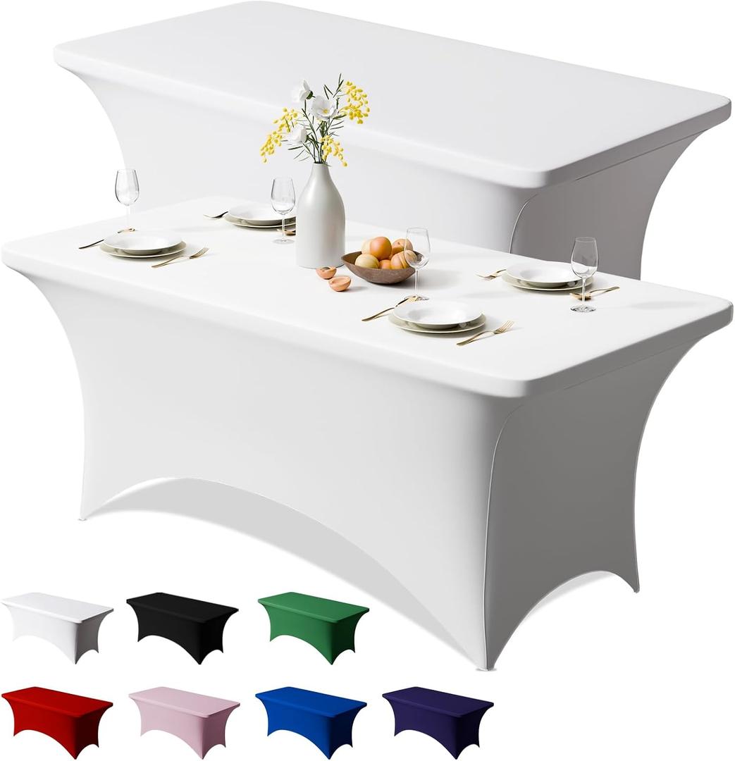 Trlyc 2 Pack 6FT Spandex Table Cloth - 72 x 30 Inch Rectangular Stretch Tablecloth, Wrinkle Resistant Scretch Table Cover for Wedding, Party, Banquet, Picnic, Outdoor Decoration (2Pcs,White)