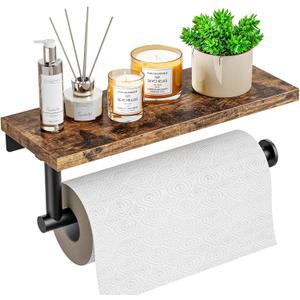 Paper Towel Holder Wall Mount with Shelf - Wooden Hanging Paper Towel Holder for Bathroom, Wall Mounted Hand Towel Holder, Paper Towel Rack for Bathroom, Kitchen, Laundry Room, Rustic Brown