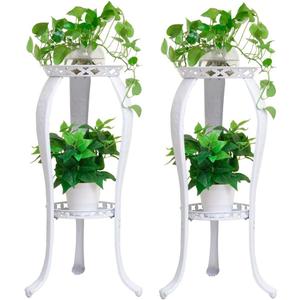 2 Pack Metal Potted Plant Stand 2 Tier Tall Flower Pot Stands Decorative Flower Pot Rack Planter Holders Indoor Outdoor (White)
