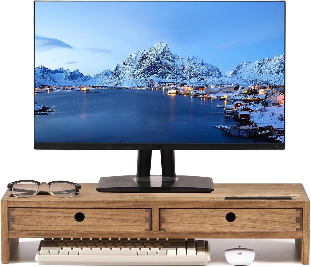 KIRIGEN Wood Monitor Stand with 2 Drawers - Computer Arm Riser Desk Storage Organizer,Speaker TV Laptop Printer Stand with Pen Slot and Cable Management,Dark Brown Desktop Shelf for Office DBR-2PMJ