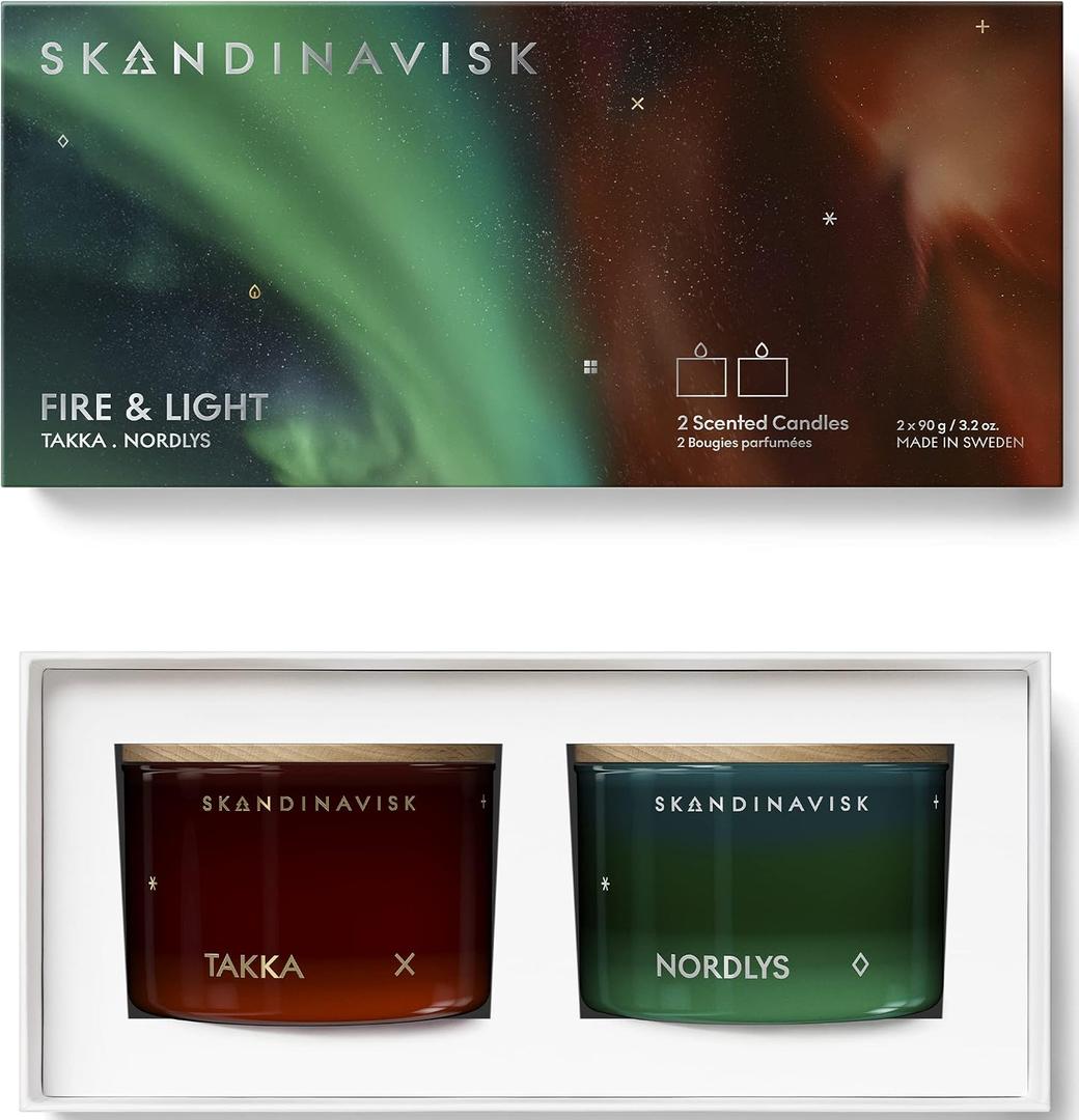 Skandinavisk FIRE & Light Giftset of 2 Scented Candles. NORDLYS 'Northern Light' and TAKKA 'Fireplace'. Vegan Formula. 2 x 3.17 oz. Gift Set