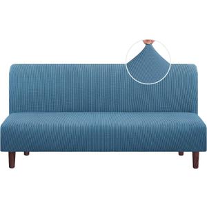 PrinceDeco Stretch Armless Futon Cover - Full Queen Size Sofa Slipcover - Furniture Protector With Elastic Bottom, Checked Pattern Jacquard, Dusty Blue