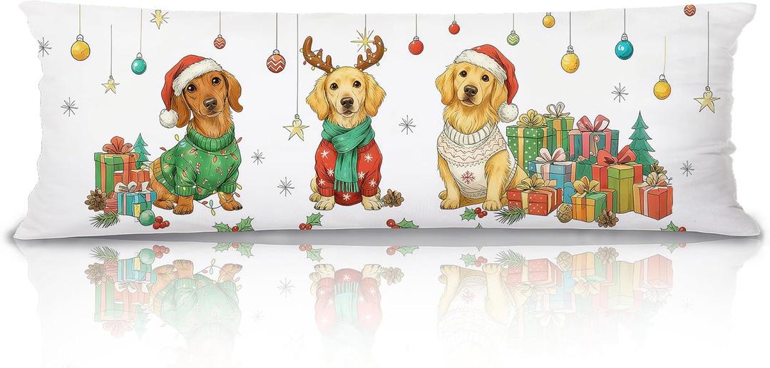 Christmas Cute Dog 20x54 Body Pillow Cover, Dog Lover Owner Gifts, Cozy Winter Dachshund and Golden Retriever Christmas Decorative Long Pillow Cases for Bed Couch (Color 15)