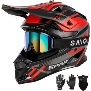 SPARK Adult Motocross Helmet Dirt Bike Helmets Full Face Motorcycle Off-Road Mountain E-Bike BMX MX ATV Helmet (with Gloves Goggles Mask) 4Pcs Set, DOT Certified (Red Rocket, Large)