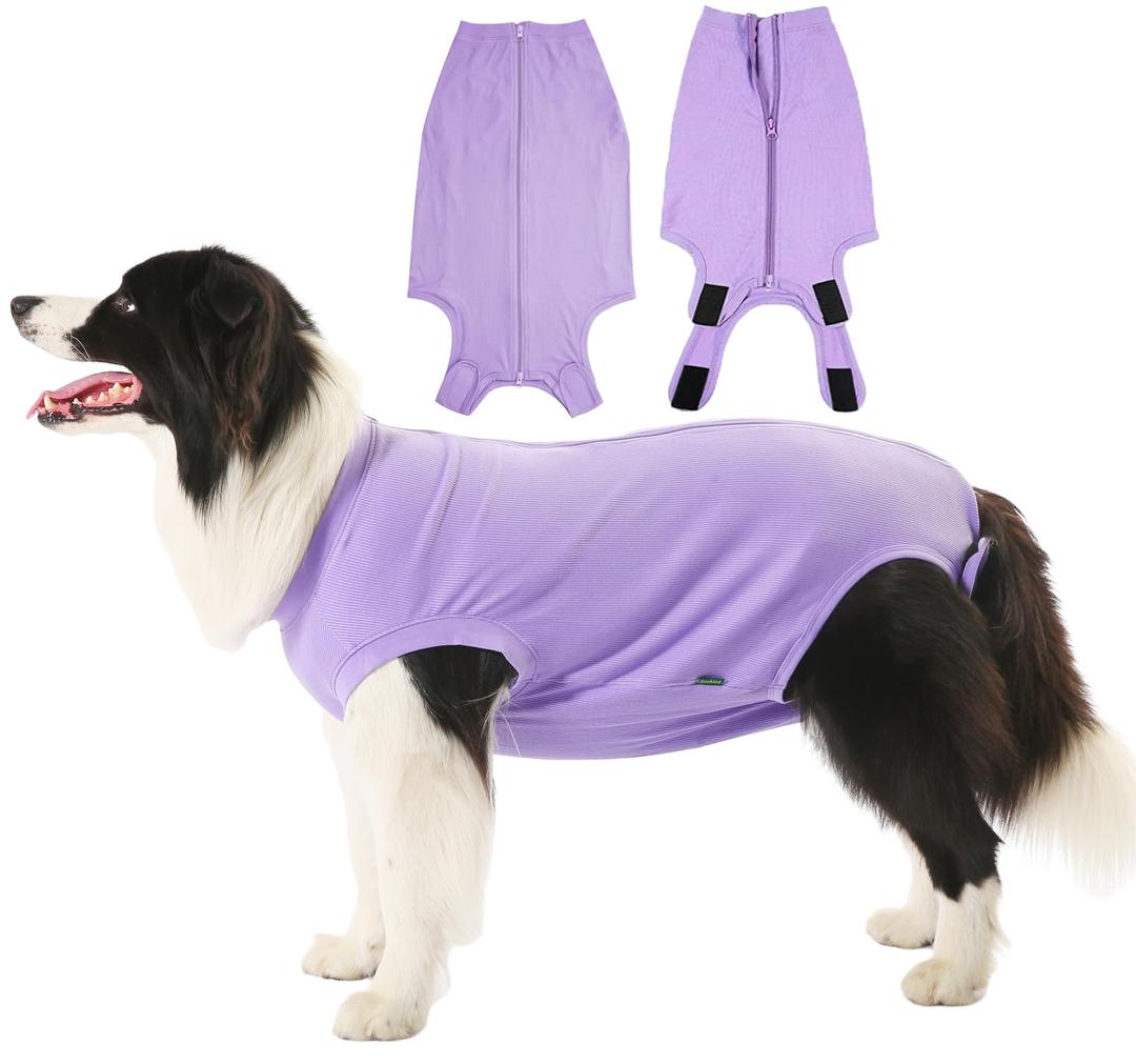Sychien Dog Recovery Suit Female Spay Surgery Small Puppy Onesie, Zipper Closure Cotton Striped Wounds Protect Surgical Suit, Plain Purple S