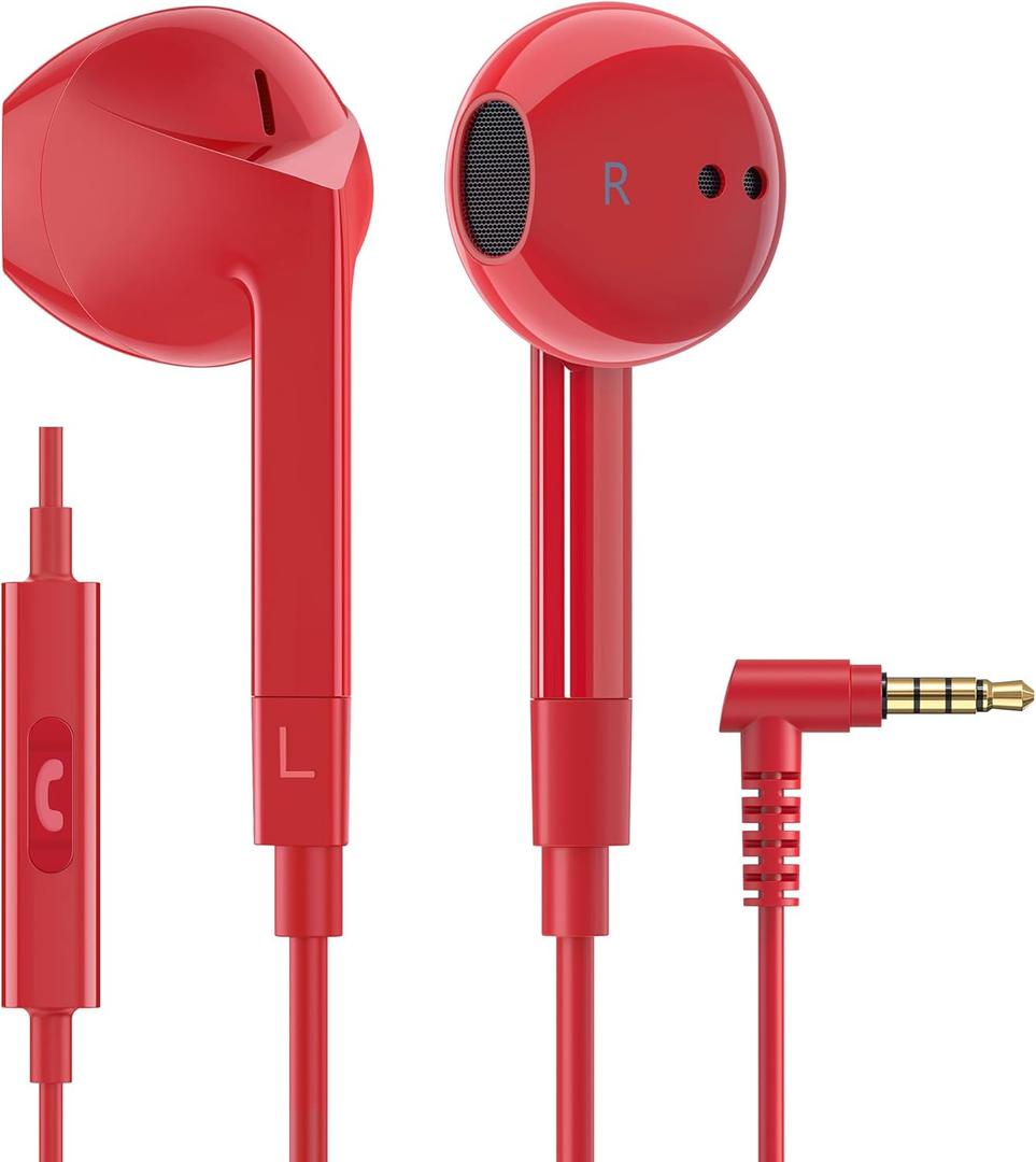 LUDOS FEROX Wired Earbuds in-Ear Headphones,  Earphones with Microphone, Noise Isolation Corded for 3.5mm Jack Ear Buds for iPhone, Samsung, Laptop, Kids, School Students - Red