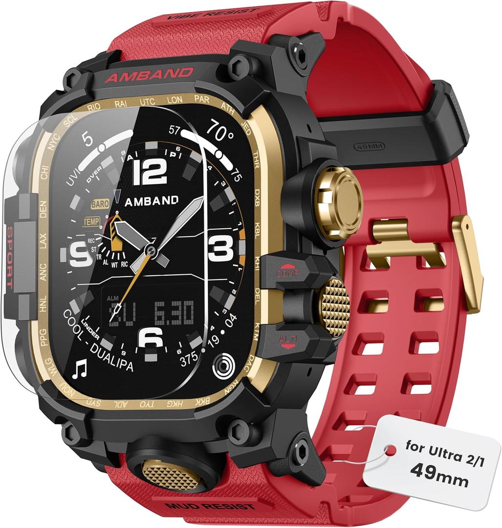 amBand Compatible with Apple Watch Ultra 2/Ultra Bands Case 49mm for Men, M3 Rugged Cover Military Sport Strap with Glass Screen Protector, Heavy Duty Protective Bumper for iWatch 49 mm - Red (49mm - Ultra 2/Ultra)
