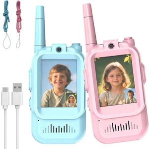 Video Walkie Talkies for Kids, 2 Pack Rechargeable Kids Walkie Talkies, Voice Changer & Real-Time Video Chat, for Boys Girls Age 3-12, Ideal for Outdoor Adventures&Family Fun (Blue+Pink)