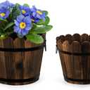 Wooden Barrel Planters Flower Pots for Indoor Outdoor Plants, 10+11.5 inch Rustic Patio Garden Front Porch Planters Plant Pots Outdoor Decor Set of 2