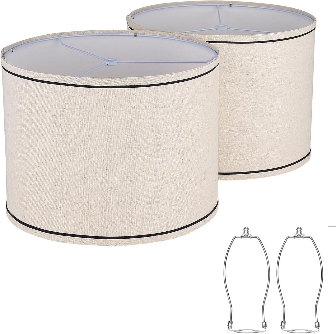 Lamp shades Set of 2,Drum Lampshades 13"x13" x 10" High, Medium Lampshades for Table Lamps Floor Lamps, Natural Linen Hand Crafted, Easy Assembly Required,Beige Lampshade((Spider Fitter)