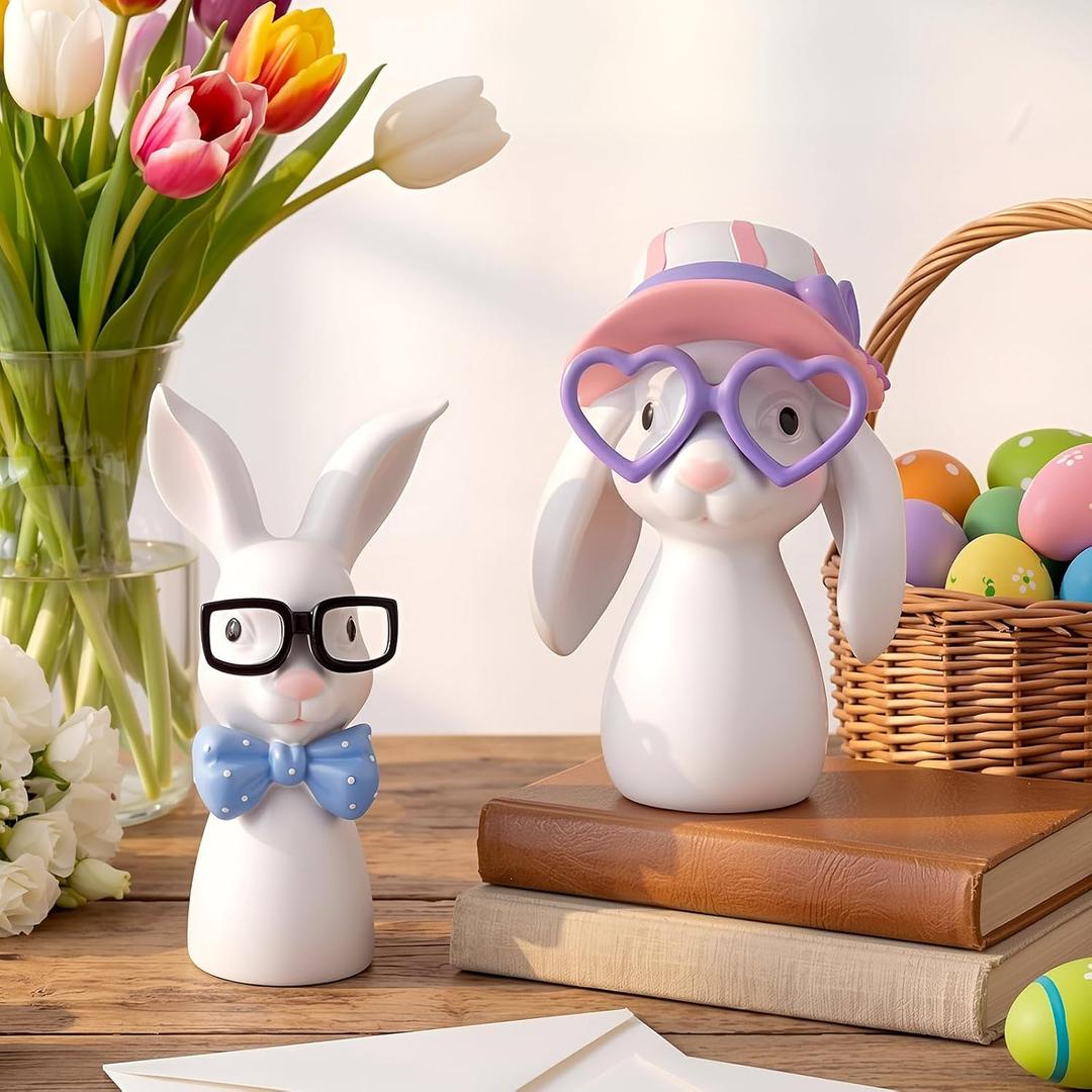 Kathfly 2 Pcs Easter Bunny Figurine Decorations Resin Bunny with Glasses Farmhouse Rabbit Wearing Glasses Rustic Antique Table Centerpiece for Easter Couple Gifts Home Office Table Decorations, 7.9"