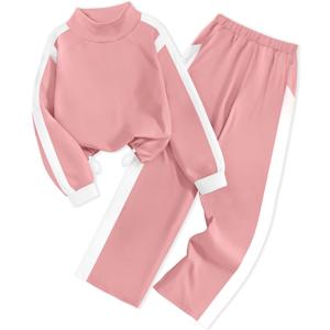 AGAPENG Girls Clothes 2 Piece Outfits Turtleneck Sweatsuit Fleece Colorblock Sweatshirt Wide Leg Sweatpants Fall Winter Sets (9-10 Years, Pink)
