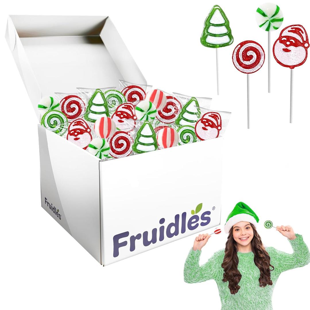 Fruidles 120-Count Christmas Lollipop Santa, Tree, Swirl, Candy Canes, and Sweet Ball Assortment #2, Mixed Fruit Flavor, Individually Wrapped (EXP 08/15/27)