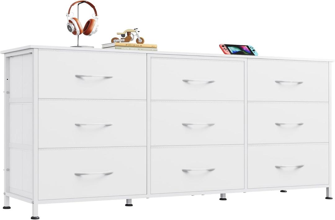 WLIVE 54''W Dresser for Bedroom, White Dresser TV Stand for 55, 60, 65 inch TV, Wide Chest of Drawers with 9 Drawer, Large Entertainment Center, Fabric Dressers with Wood Top for Closet, Living Room