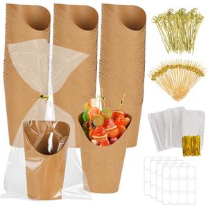 100pcsCharcuterie Cups With Sticks, 12oz, Charcuterie Cups, +200 Cocktail Selections+120 Labels+100 Bags, Mini Paper French Fry Holder, Paper Cones For Food, Roast Meat Appetizer Cups For Parties